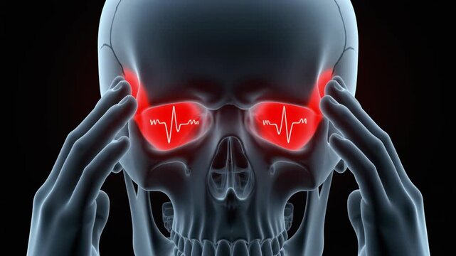 Anatomical skull with red heart shaped eyes and ECG accents.