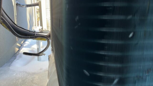 Frozen Heat Pump Unit Covered in Thick Ice and Snow. A close-up shows a heat pump base encased in thick ice and icicles, highlighting severe freezing conditions affecting outdoor HVAC units.