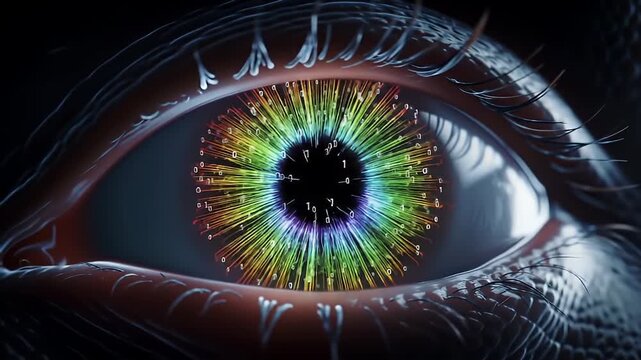 Extreme Close Up Of A Human Eye With A Vibrant Rainbow Colored Iris Displaying Digital Data Or Light Particles Against A Dark Blurred Background With Soft Dramatic Lighting
