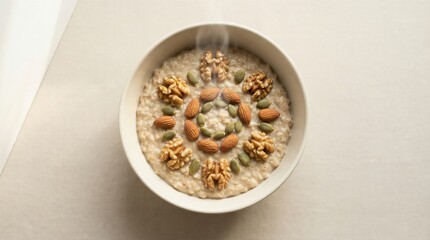 Top view of a minimalist ceramic bowl of plain oatmeal with nuts