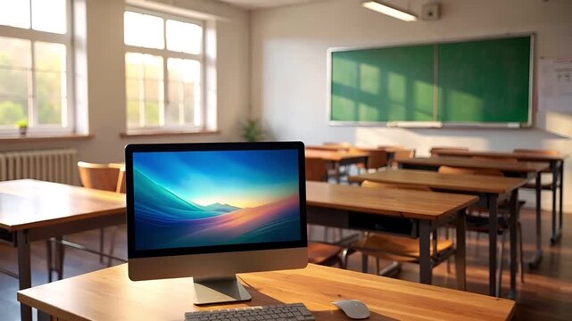 レトロな雰囲気の教室に配置された木製デスクとモダンなキーボード、マウスの映像。
カメラは机を見下ろす角度から設置され、デバイスへ向かってゆっくりとズームイン。
温暖色の照明とブラウン系の色調が、清潔で落ち着いた学習環境を表現。