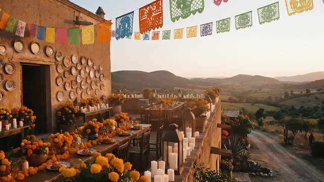 A beautifully decorated outdoor patio with marigold flowers, candles, and colorful banners overlooking a scenic valley at sunset, evoking a festive cultural celebration.