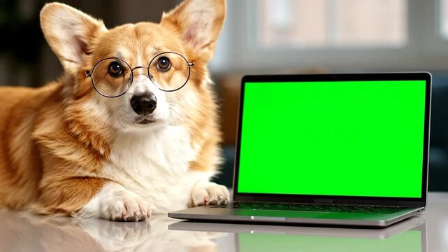 A corgi with glasses looks at the viewer beside a laptop with a green screen