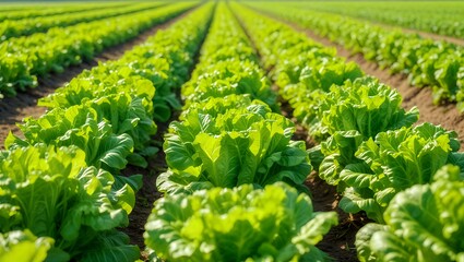 Lush green lettuce field with rows of healthy plants