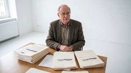 Elderly man in glasses reviewing stack of documents at desk indoors