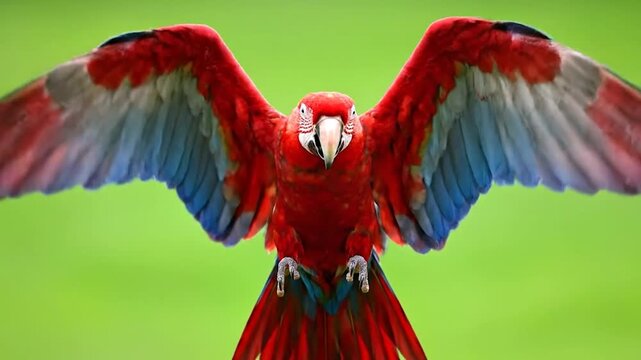 A vibrant red macaw with wings spread wide against a bright green backdrop
