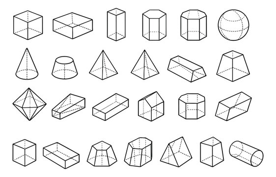 Line art isometric geometric shapes set featuring various 3D forms including cubes, spheres, and prisms for education and scientific diagrams
