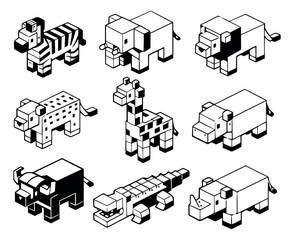 Fototapeta premium Blocky safari animals line art set featuring a zebra, elephant, lion, giraffe, and rhino for children's education or game development