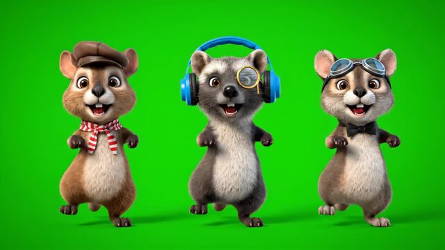 3D Cartoon Animals Dancing in Sync on Green Screen