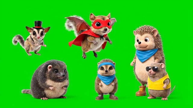 Cute cartoon animals with outfits dancing on green screen