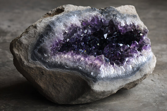 Large purple amethyst crystal geode on a neutral background