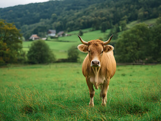 Portrait of a light brown cow standing in a green mountain meadow at sunset
