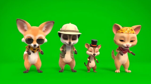Adorable 3D Cartoon Desert Animals Dancing on Green Screen
