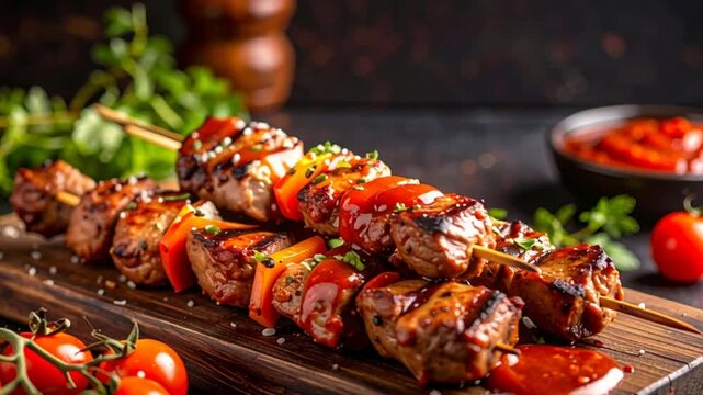 Grilled Meat Skewers with Red Sauce and Tomatoes.
