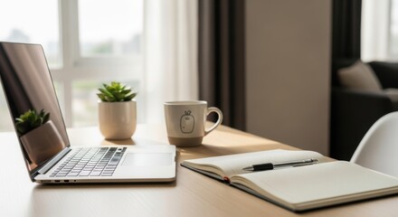 Fototapeta premium Modern Home Office Workspace with Laptop, Notebook, Coffee Mug, and Succulent Plant on a Bright Wooden Desk by a Window â€“ Ideal for Remote Work, Study, and Productivity.
