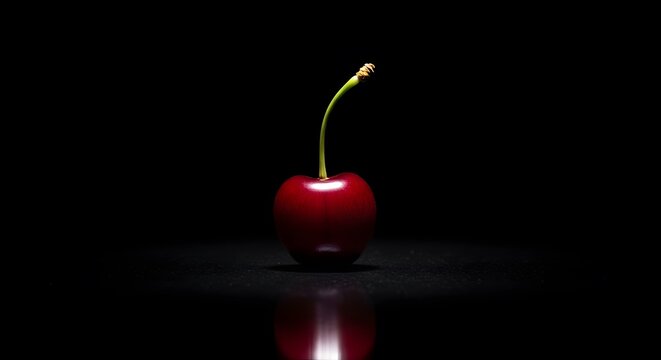 A single, glossy, ripe red cherry with its stem intact sits isolated against a stark black background, with a subtle reflection below