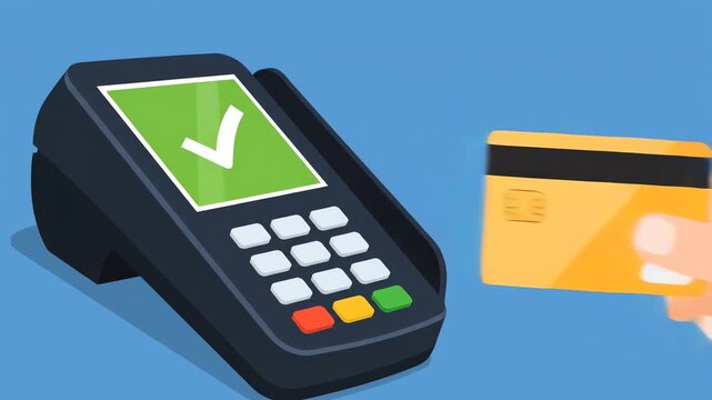 Contactless Payment Terminal with Credit Card Transaction Approved.