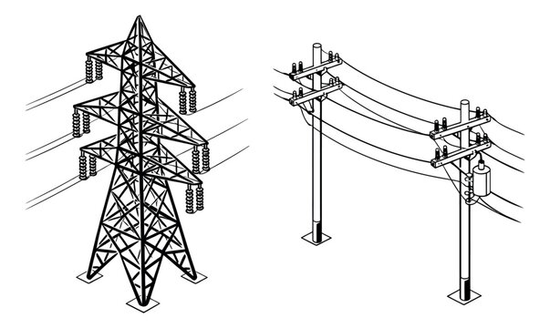 Isometric line art electric power infrastructure set featuring an electricity transmission tower and a utility pole for energy distribution