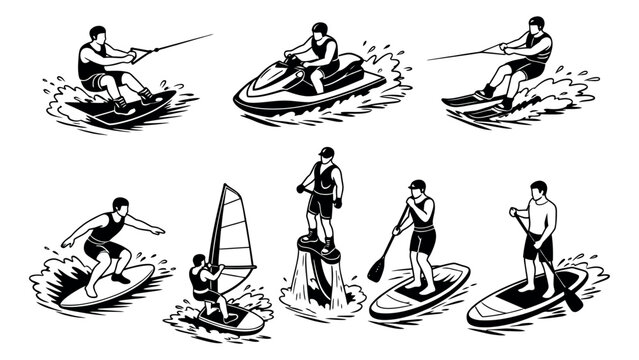 Hand drawn line art water sports set featuring people wakeboarding, jet skiing, surfing, windsurfing, flyboarding, and paddleboarding for summer recreation