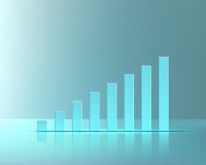 3D business growth bar graph with glowing blue pillars on reflective teal background symbolizing financial success and upward progress