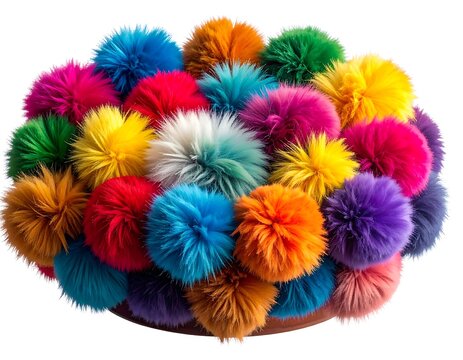 Colorful, fluffy pom-poms cluster on brown round base