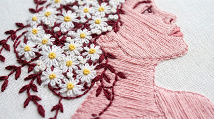Embroidery art portrait of a woman with flower crown 