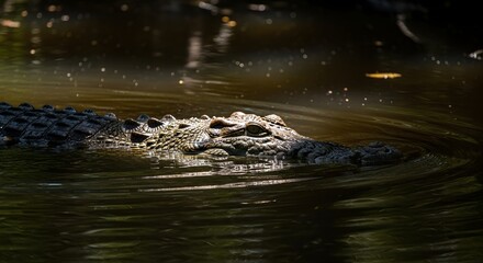 rocodile swimming in river with dramatic light