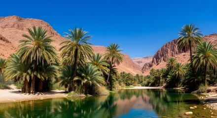 Obraz premium Oasis with palm trees and clear water in desert