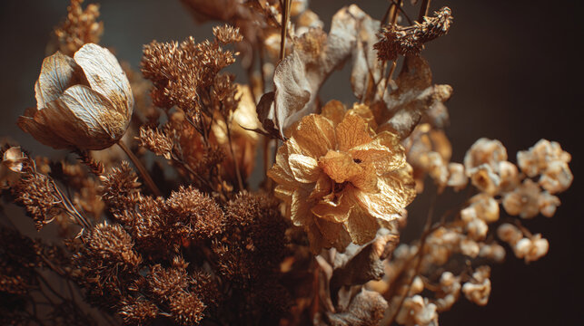 Dried flowers, a still life capturing the beauty of faded petals and delicate textures