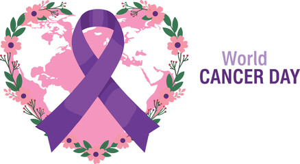 Obraz premium World Cancer Day awareness graphic with purple ribbon floral heart plus Celebrating Black History Month African woman and traditional red Chinese lion dance mask.