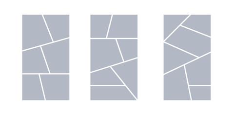 Image collage layout template. Grey mosaic mood board grid collection. Picture frame set. Photo album idea for banner, poster, comic page, flyer, brochure, booklet, memory wall design. Vector pack