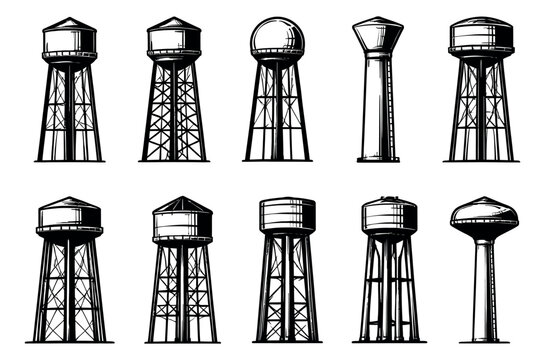 Hand drawn line art water tower set featuring various urban structures for municipal water supply projects