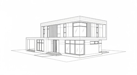 Architectural sketch of a modern two-story house with large windows