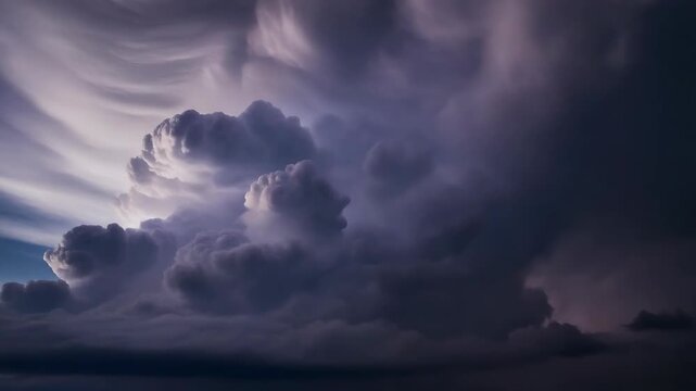 Dramatic and ominous storm clouds gathering in a dark sky, with bright edges hinting at internal lightning or a hidden light source.