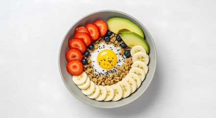 Healthy Breakfast Bowl Top View Isolated on White Background