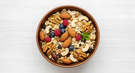 Healthy Breakfast Bowl Top View Isolated on White Background