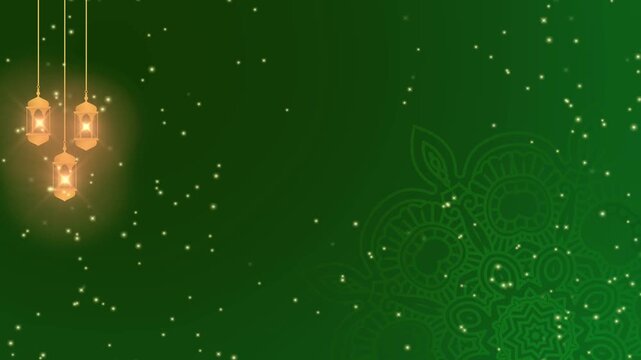Seamless horizontal animated background featuring hanging lanterns with soft light on green Islamic patterned backdrop. Perfect for Ramadan Kareem thumbnails, Eid al Fitr videos, religious intros.