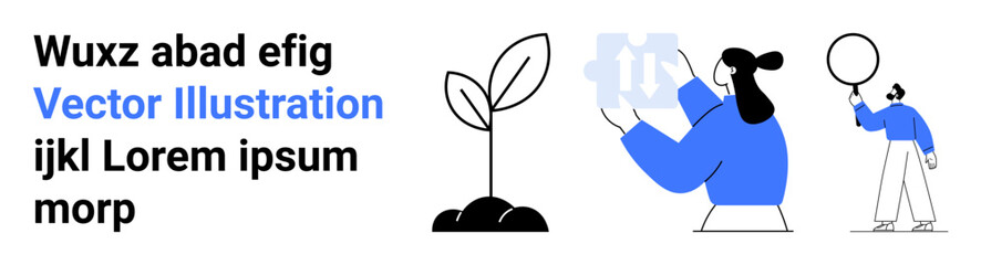 Obraz premium Growing plant sprout, person analyzing gear for innovation, another holding balloon. Ideal for sustainability, innovation, teamwork, creativity, climate action, education simple landing page