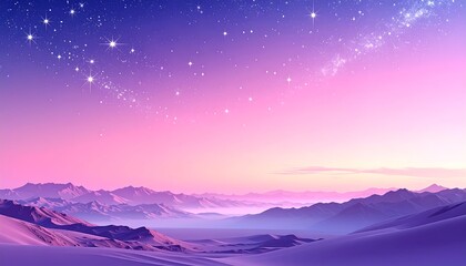 Obraz premium A serene landscape features mountains fading into mist, a purple desert, and a mesmerizing sky filled with twinkling stars and a starlit streak