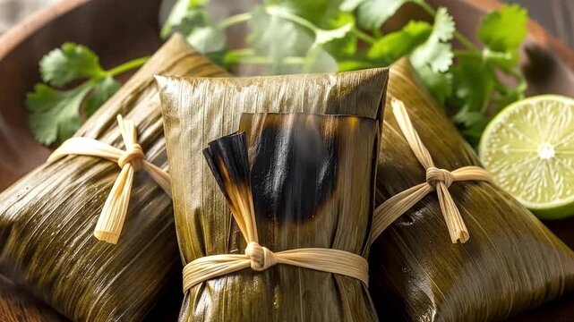 A captivating close-up showcases hot, steaming food parcels meticulously wrapped in natural green leaves and elegantly tied with twine, presented alongside vibrant fresh lime slices and aromatic green