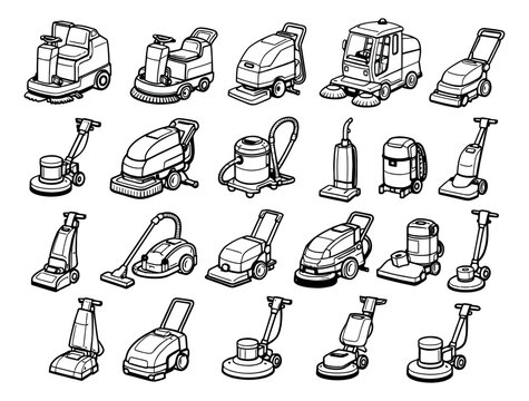Hand drawn line art commercial cleaning machines set featuring various floor scrubbers and vacuum cleaners for maintenance services