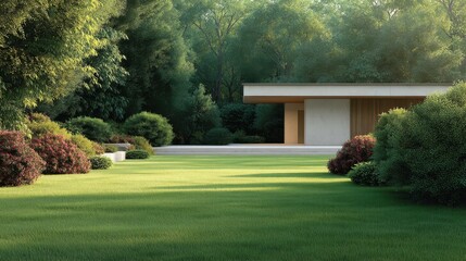 Modern architectural design surrounded by lush greenery, showcasing a tranquil landscape with manicured grass and vibrant shrubs in a serene environment
