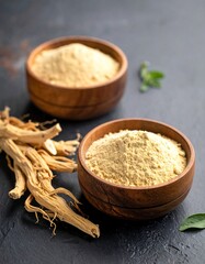 Close-up of wooden bowls holding powder and roots, with dark backdrop