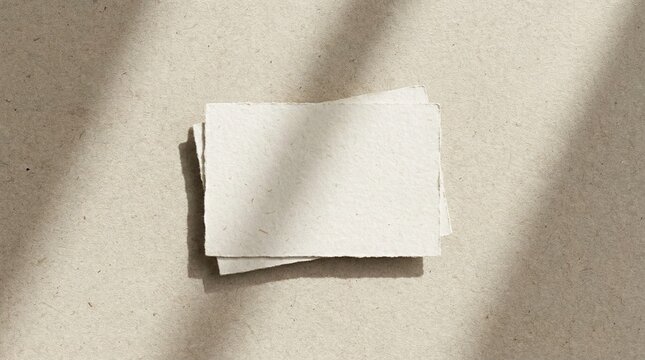A clean and professional business card mockup featuring a stack of blank textured cream-colored cards on a matching paper surface, with soft natural shadows and a minimalist top-down view for elegant 