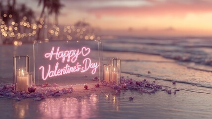 Romantic Valentine's Day Beach Scene with Neon Sign