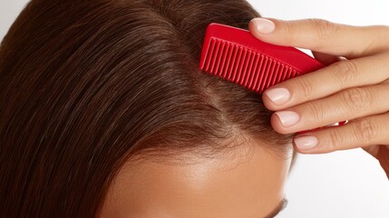 Woman Combing Brown Hair with Red Comb