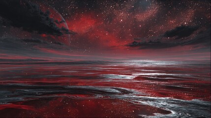 Red Alien Planet Landscape with Starry Sky