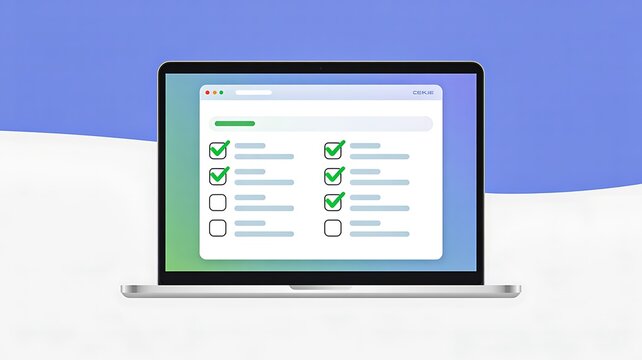 Laptop screen displaying digital checklist with completed tasks on blue background
