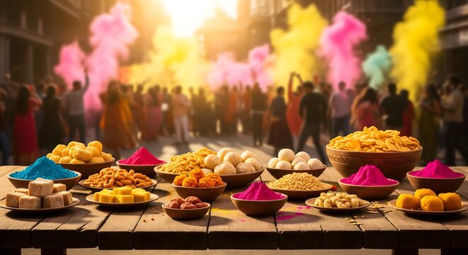 Holi Festival Food and Colorful Gulal Powder Display with Indian Sweets on Wooden Table, Traditional Festival of Colours Celebration, Cultural Gathering Scene and Spring Festive Setup