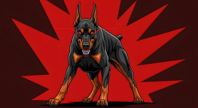 A fierce stylized black and tan doberman pinscher with glowing red eyes and teeth bared